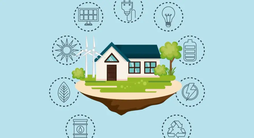 Casa con molino eólico y solar, rodeada de iconos que ilustran los pros y contras de las energías renovables: sol, hoja, barril, reciclaje, rayo, batería, bombilla y enchufe.