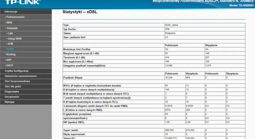 Statystyki xDSL: Połączenie aktywne, prędkość pobierania 10239 Kbps, wysyłania 959 Kbps. SR rejestracja danych.