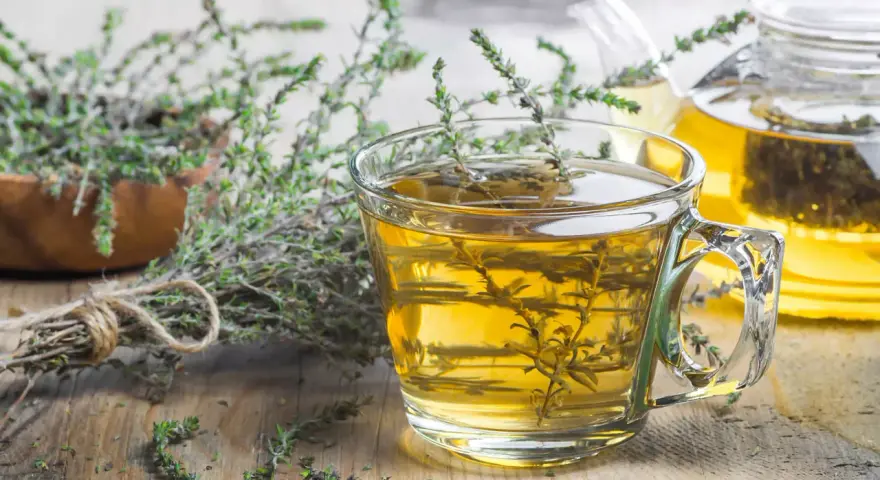 Une tasse de tisane thym digestion, avec du thym frais à côté et une théière en arrière-plan.