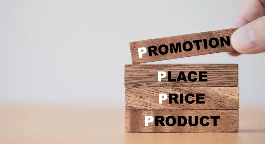 Drewniane klocki z napisami: Product, Price, Place, Promotion.