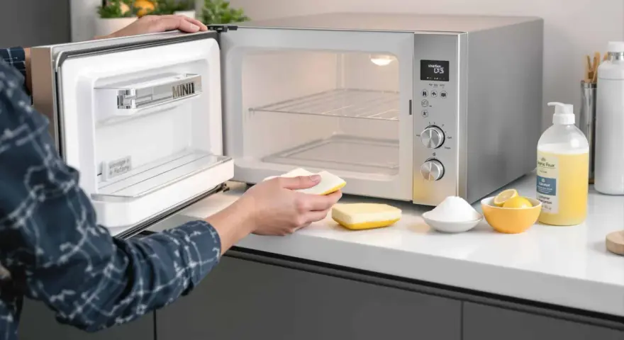 Une personne nettoie un mini four très encrassé avec une éponge. Des citrons, du bicarbonate et du liquide vaisselle sont à proximité.