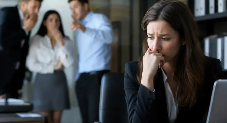Une femme est visiblement affectée par des commérages au bureau, mon ancien employeur nuit à ma réputation.