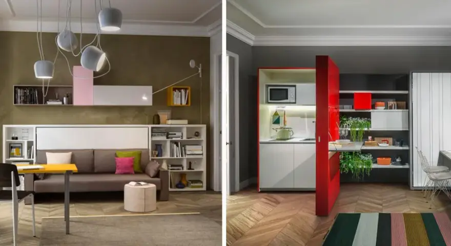 Idee progetto casa 45 mq: soggiorno con divano letto, scrivania a scomparsa e cucina compatta.