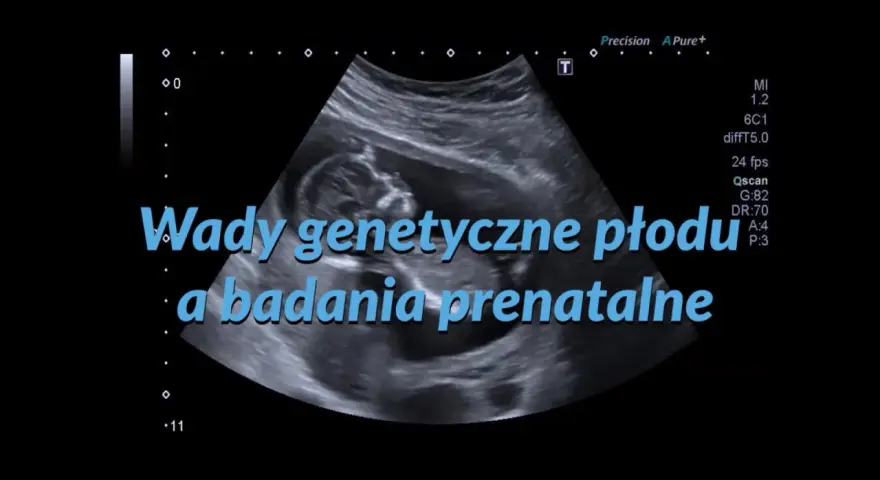 Badanie USG płodu, na którym widać plecy dziecka. Tekst: "Wady genetyczne płodu a badania prenatalne".