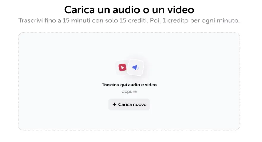 Area per caricare audio o video per sbobinare file audio. Trascrivi fino a 15 minuti con 15 crediti.