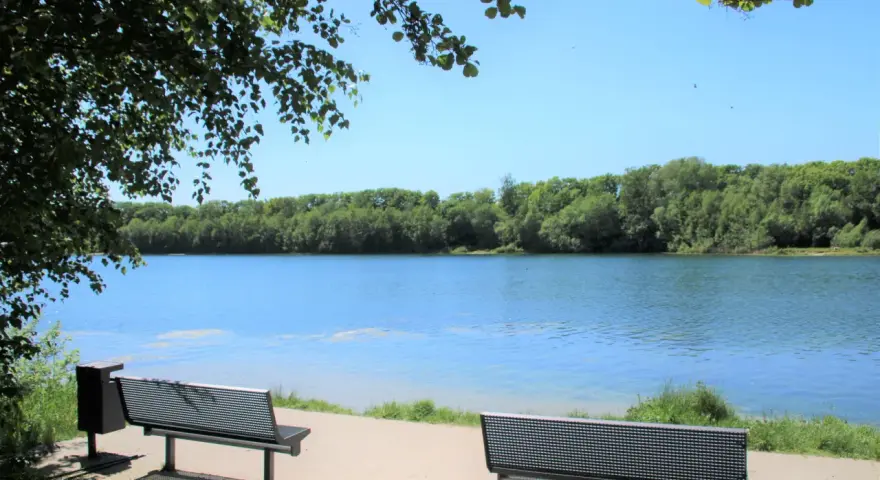Zwei Bänke laden zum Verweilen am Ufer des halener Badesees ein. Bäume säumen das klare Wasser unter blauem Himmel.