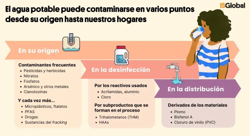 Infografía sobre los principales contaminantes del agua: origen, desinfección y distribución. Incluye pesticidas, metales, microplásticos, cloro y plomo.