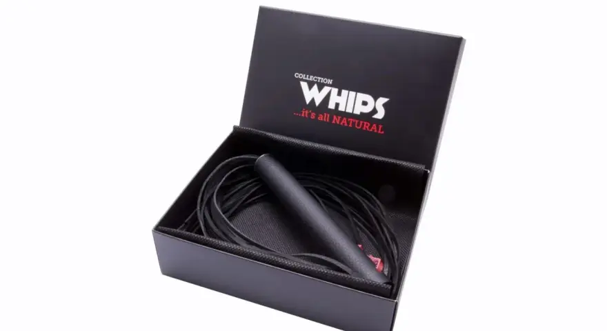 Czarny, skórzany pejcz erotyczny w eleganckim pudełku z napisem "WHIPS".