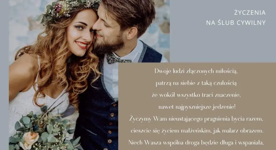 Para młoda wiankiem z kwiatów i bukietem, uśmiechnięta. Krótkie cytaty ślubne o miłości i wspólnej drodze.