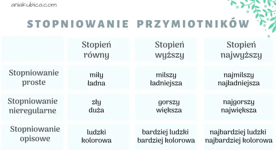 Tabela pokazuje stopniowanie przymiotników: proste, nieregularne i opisowe. Przymiotnik "miły" staje się "milszy" i "najmilszy".