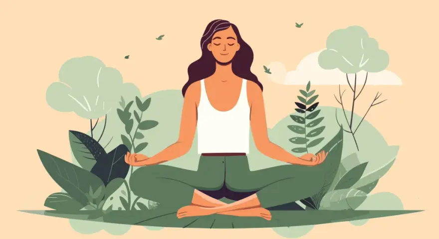 A woman meditates peacefully in a lush green garden, surrounded by plants and trees. This serene scene embodies what would make today great: inner peace and connection with nature.