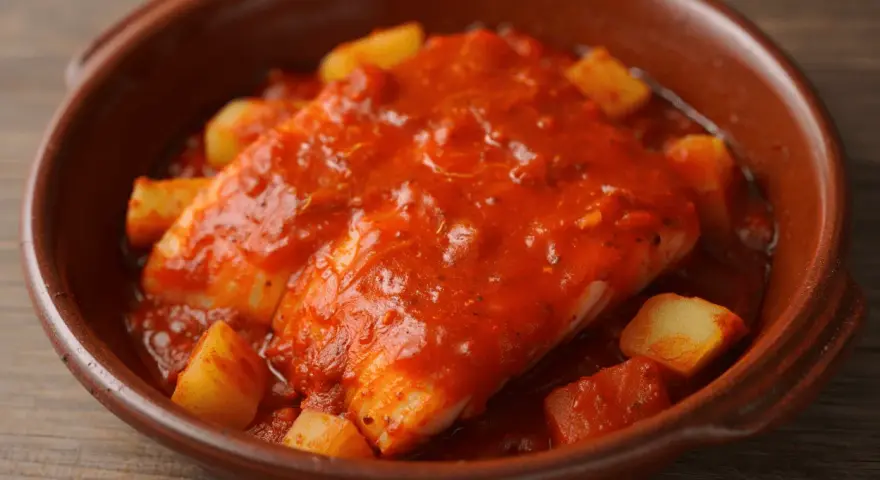 Bacalao a la riojana, un plato tradicional con trozos de patata y pimiento en una salsa roja sabrosa, servido en cazuela de barro.