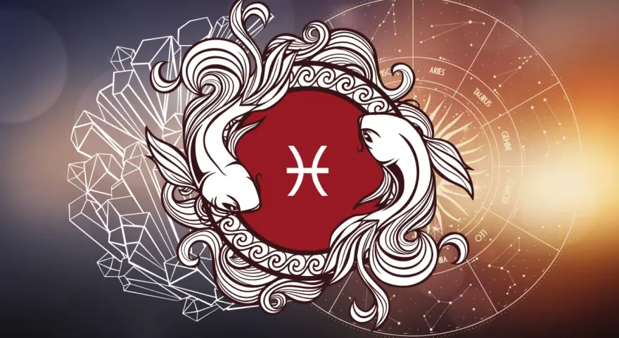 Dwa ryby symbolizujące znak zodiaku Pisces, otoczone ozdobnymi falami i kryształami, na tle koła zodiaku.