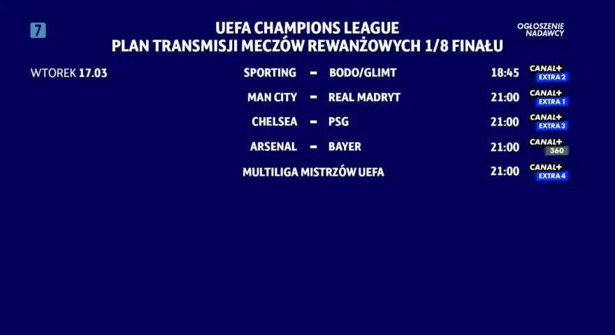 Plan transmisji meczów rewanżowych 1/8 finału Ligi Mistrzów UEFA: Sporting - Bodo/Glimt, Man City - Real Madryt, Chelsea - PSG, Arsenal - Bayer. Kiedy gra liga mistrzów, emocje gwarantowane!