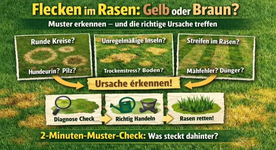 Helle Flecken im Rasen: runde Kreise, Inseln oder Streifen? Die Grafik zeigt Ursachen wie Hundeurin, Trockenstress oder Mähfehler und wie man den Rasen rettet.
