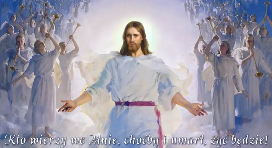 Jezus wśród aniołów grających na trąbach. Nawet wdowi grosz wiary daje życie wieczne.