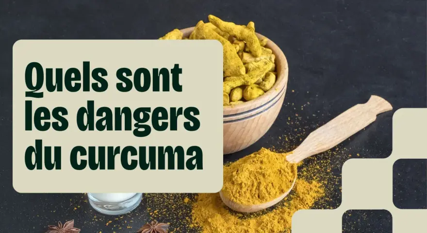 Curcuma en poudre et racines dans un bol, avec une cuillère. Le texte interroge sur les dangers du curcuma.