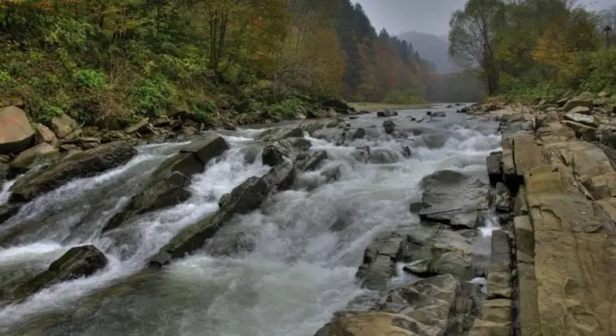 Kamieniste koryto rzeki w Bieszczadach, gdzie rwący nurt pokonuje skalne progi. W tle jesienne drzewa.