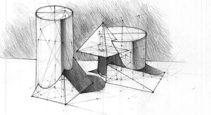 Szkic przedstawia kompozycję z bryłami: walec, ostrosłup i stożek. Figury geometryczne przestrzenne w perspektywie.