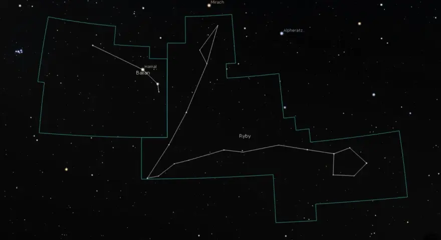 Gwiazdozbiory Ryby i Baran na nocnym niebie. Baran, jeden ze znaków zodiaku, znajduje się na lewo od Ryb.