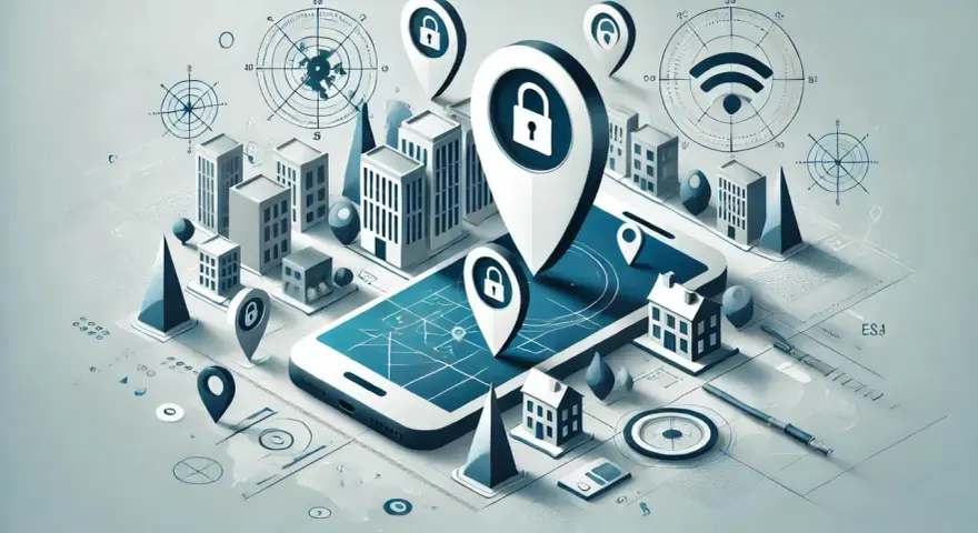 Representación de geolocalización en un teléfono, con edificios, marcadores de ubicación y diagramas de redes.