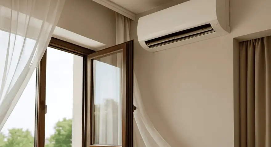 Cortina blanca ondea por una ventana abierta, creando una **corriente de aire** que se mezcla con el aire fresco del exterior.