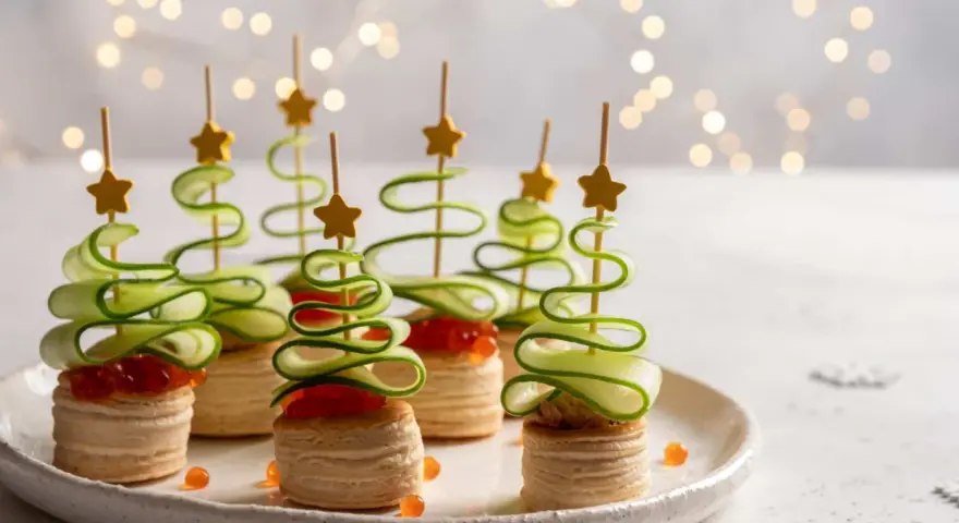 Aperitivos navideños en forma de árbol con pepino en espiral y estrellas doradas.