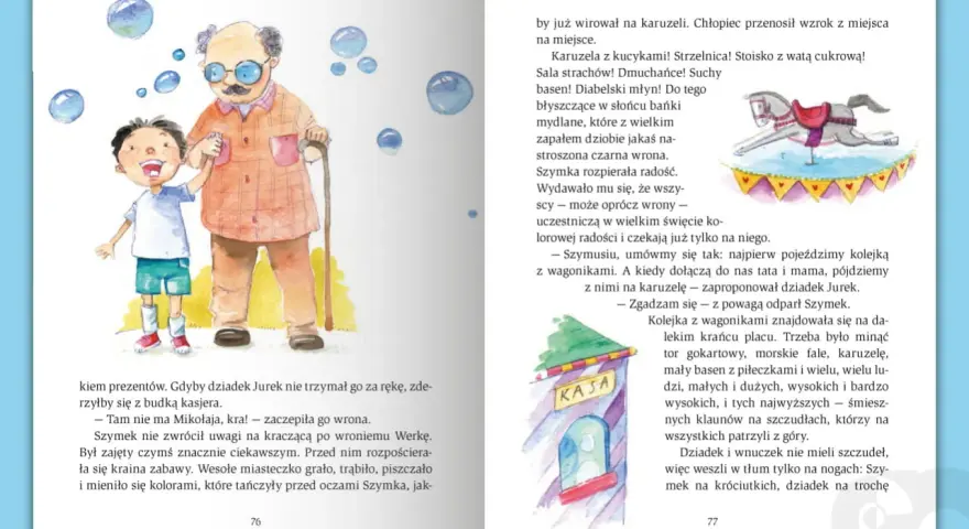Ilustracja z bajki terapeutycznej: uśmiechnięty chłopiec trzyma dziadka za rękę, obok latają bańki. W tle wesołe miasteczko.