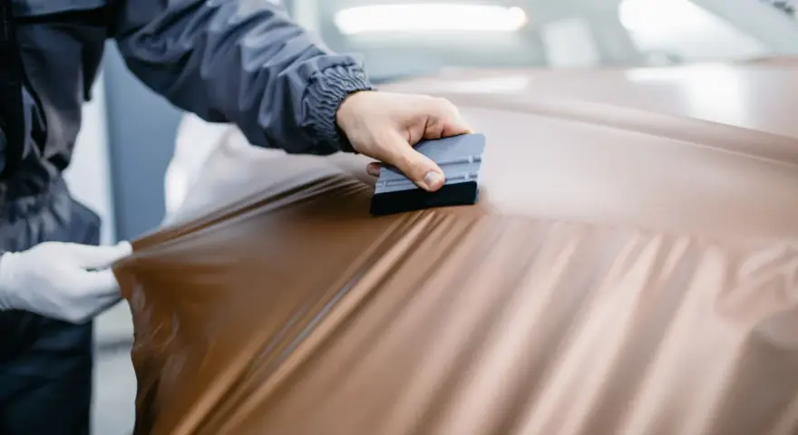 Applying a bronze vinyl wrap to a car hood, showing the process of how to wrap a truck for a custom look.