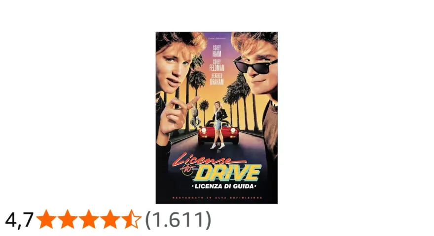 Locandina di "Licenza di guida", un film con Corey Haim e Corey Feldman, che ricorda i film tedeschi famosi per il suo stile anni '80.