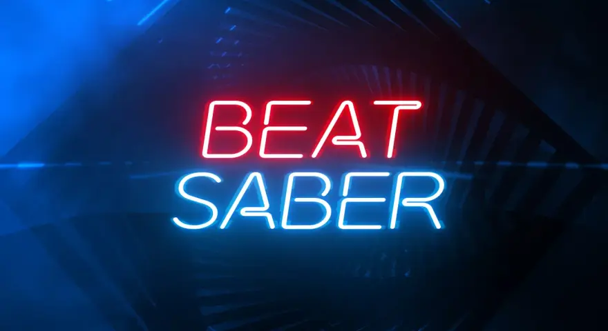 Neonowy napis "BEAT SABER" w kolorach czerwonym i niebieskim, idealny do gry na PS5.