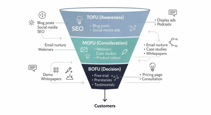Embudo de marketing: TOFU (conciencia), MOFU (consideración) y BOFU (decisión). Contenido: blog, SEO, webinars, demos, etc.