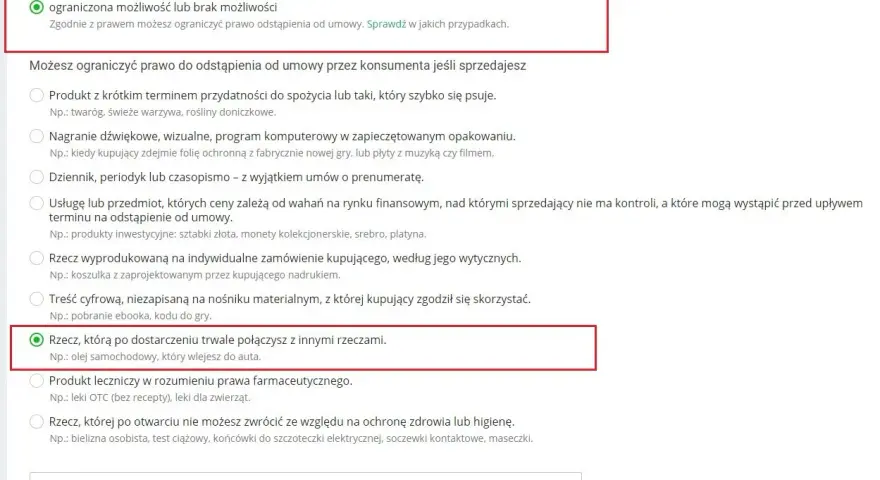Zaznaczony punkt dotyczący ograniczeń w odstąpieniu od umowy Allegro.
