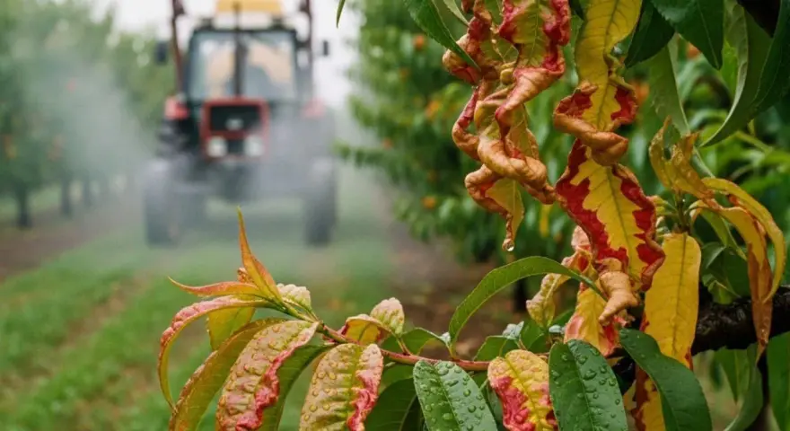Kiedy pryskać brzoskwinie na kędzierzawość liści? Traktor opryskuje drzewka w sadzie, ratując liście przed chorobą.