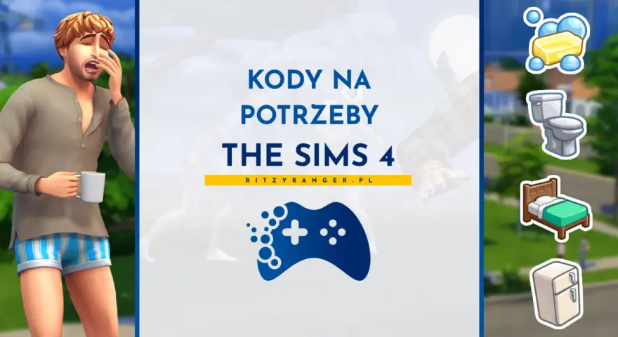 Kody na zaspokojenie potrzeb w The Sims 4. Zmęczony Sim z kubkiem kawy i ikony potrzeb: higiena, toaleta, sen, lodówka.