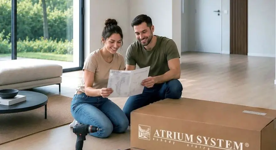 Para montażu schodów modułowych. Para przegląda instrukcję, obok leży karton z napisem "ATRIUM SYSTEM schody".