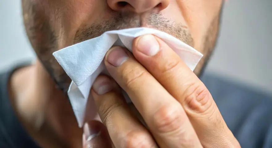 Mężczyzna wyciera nos chusteczką. Czy to przeziębienie, czy może alergia? Ten **slinotok od czego** może być uciążliwy.