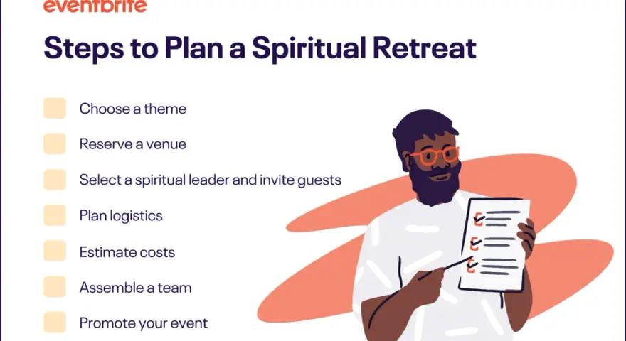 Steps to plan a personal spiritual retreat: choose a theme, book a venue, select a leader, plan logistics, estimate costs, assemble a team, and promote.