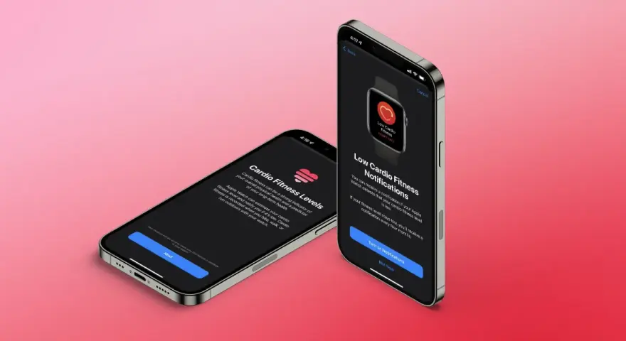 Apple Watch screens show how to improve VO2 max by tracking cardio fitness levels and receiving low cardio fitness notifications.