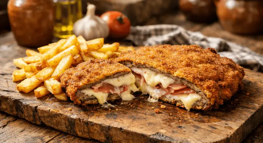 Cachopo jugoso, crujiente por fuera y relleno de jamón y queso fundido. Una deliciosa receta de cachopo, acompañada de patatas fritas.