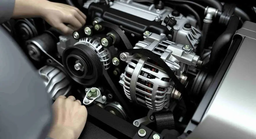 Hände am Motor, die Lichtmaschine ist sichtbar. Mögliche lichtmaschine defekt symptome sind hier zu sehen, wie ein lockerer Keilriemen.