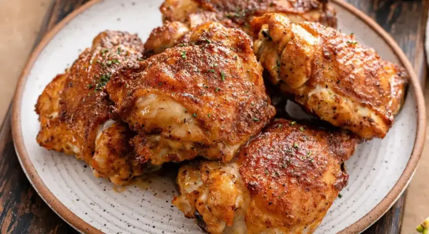 Soczysty kurczak airfryer na talerzu, z chrupiącą skórką i posypany ziołami. Idealny obiad!