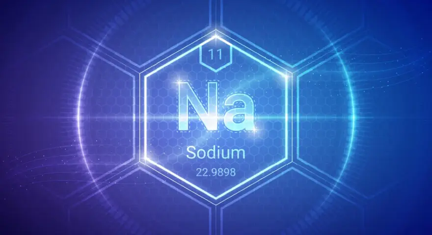 Symbol Na, liczba atomowa 11, nazwa Sodium (sód) i masa atomowa 22.9898 w centrum sześciokąta na tle technologicznym.