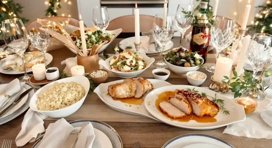 Mesa de Nochevieja con carnes asadas, ensaladas, velas y luces festivas.