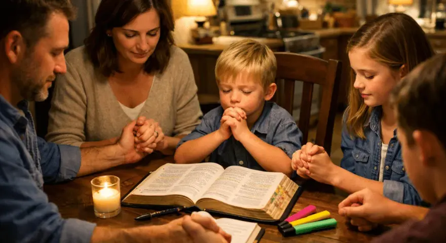 A family gathers for a meaningful family bible study, holding hands around an open Bible, with a candle casting a warm glow.