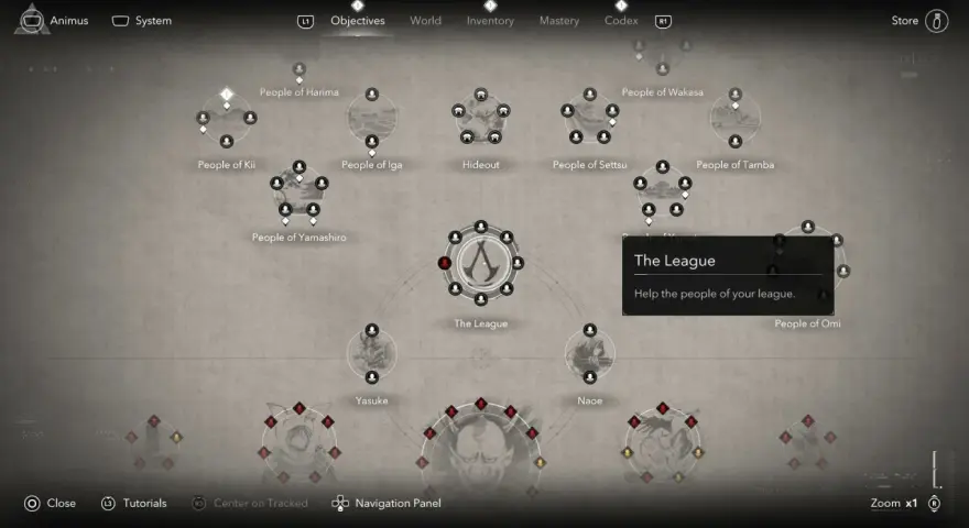 Mapa celów w grze, ukazująca "The League" i jej sojuszników, z subtelnymi ac shadows.