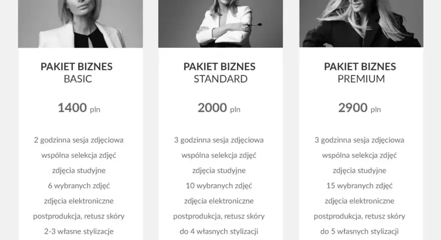 Cennik sesji zdjęciowej: pakiety Basic (1400 zł), Standard (2000 zł) i Premium (2900 zł) z różnymi opcjami.