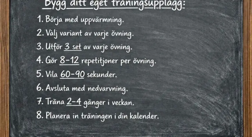 En svagt upplyst griffeltavla med en lista i vitt: "Bygg ditt eget träningsupplägg". Punkterna ger råd för att bygga muskler hemma, inklusive uppvärmning, set, repetitioner och vila.