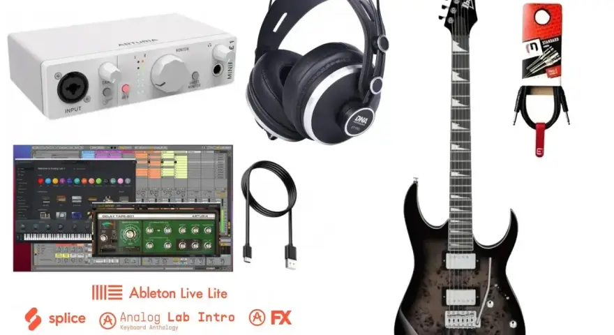 Zestaw do tworzenia muzyki: gitara, słuchawki, interfejs audio i oprogramowanie. Analogowe brzmienia i cyfrowe możliwości.
