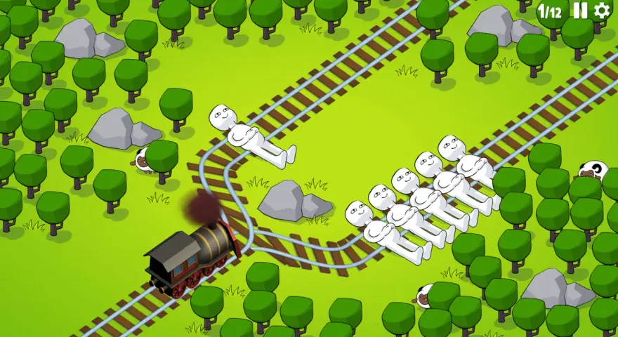 Un tren avanza por las vías en estos divertidos juegos de trenes. Figuras blancas yacen en las vías, ¡esperando ser rescatadas!